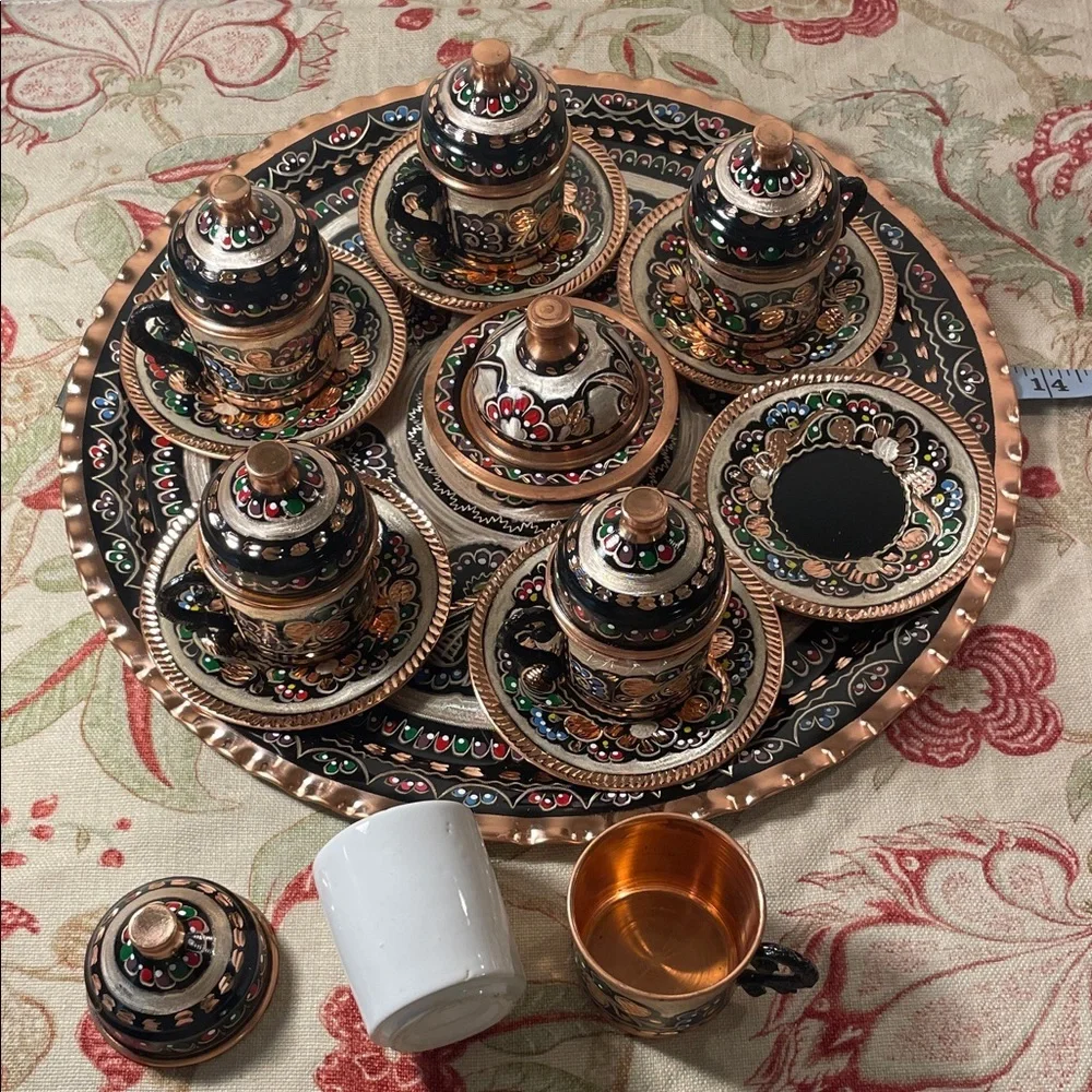 Handcrafted Copper Turkish Ceramic Coffee and Expresso Set with Tray